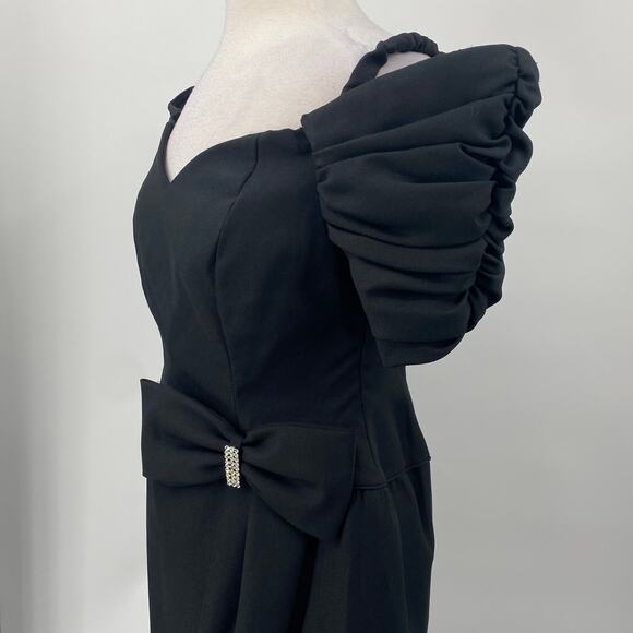 Vintage 80s Off Shoulder Puff Sleeve Bow Waist Tulip Hem Midi Maxi Dress Black 8 - Picture 4 of 10